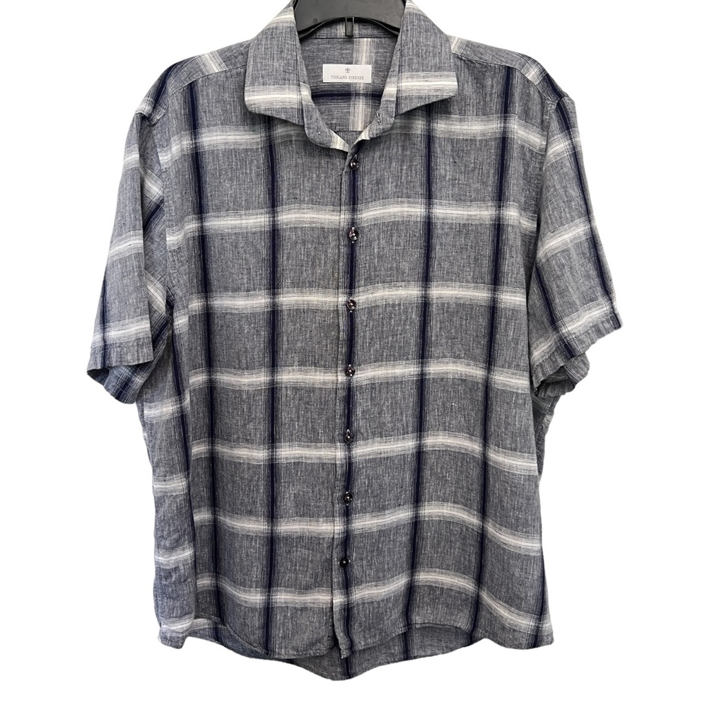 Toscana Firenze Linen Plaid Top Short Sleeve‎ Button Down Blue White
